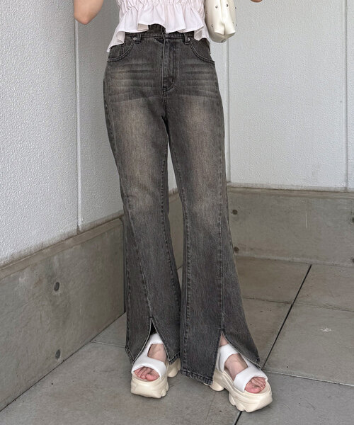 【新品タグ付】mystic mline ストレートフレアデニム　サイズ2 mline]スリットフレアデニム（デニムパンツ）｜mline（エムライン）の