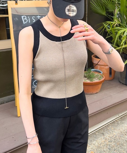 KOBE LETTUCE（コウベレタス）の「カップ付きアメリカンスリーブニットトップス（タンクトップ・レディース・ベージュ×ブラック/ホワイト×ブラック/ブラック/ブラック×ホワイト/ブラウン・M）」の14枚目の写真