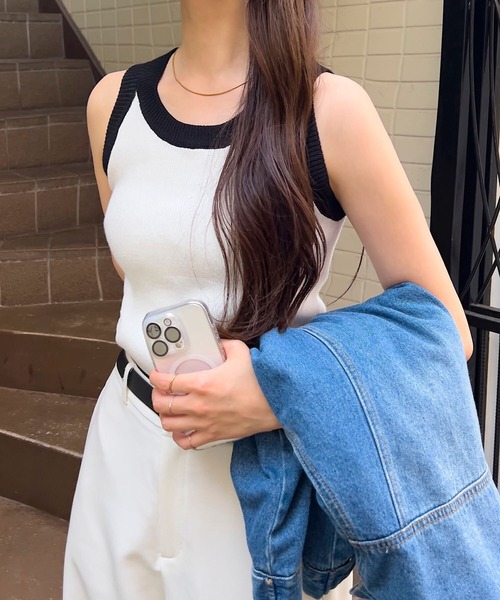 KOBE LETTUCE（コウベレタス）の「カップ付きアメリカンスリーブニットトップス（タンクトップ・レディース・ベージュ×ブラック/ホワイト×ブラック/ブラック/ブラック×ホワイト/ブラウン・M）」の7枚目の写真