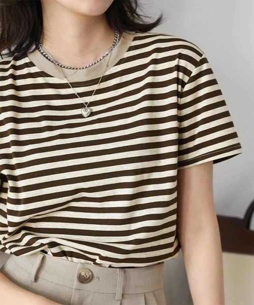 Miniministore(ミニミニストア)の「ボーダーtシャツ半袖 レディース 韓国風(Tシャツ/カットソー・レディース・ブラウン/グリーン/ピンク/ワインレッド/ダークグリーン/ブラック・FREE)」の1枚目の写真