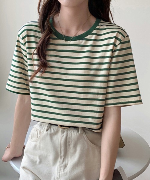Miniministore(ミニミニストア)の「ボーダーtシャツ半袖 レディース 韓国風(Tシャツ/カットソー・レディース・ブラウン/グリーン/ピンク/ワインレッド/ダークグリーン/ブラック・FREE)」の4枚目の写真