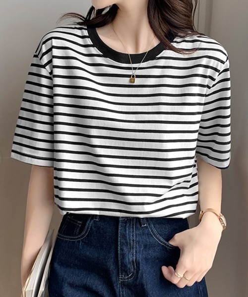Miniministore(ミニミニストア)の「ボーダーtシャツ半袖 レディース 韓国風(Tシャツ/カットソー・レディース・ブラウン/グリーン/ピンク/ワインレッド/ダークグリーン/ブラック・FREE)」の2枚目の写真