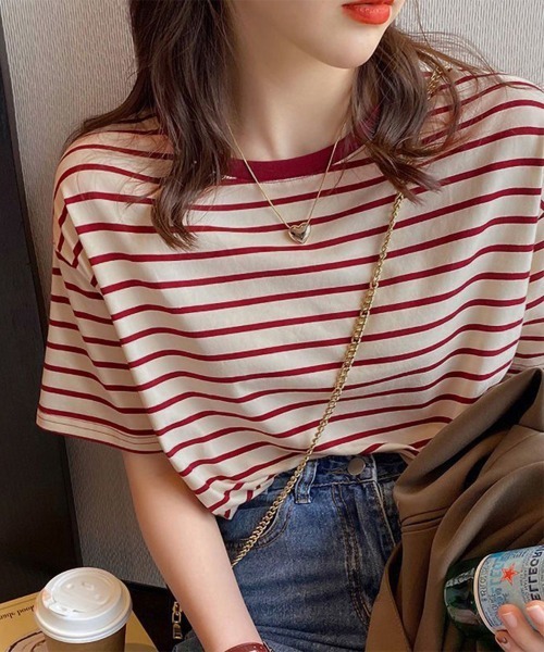Miniministore(ミニミニストア)の「ボーダーtシャツ半袖 レディース 韓国風(Tシャツ/カットソー・レディース・ブラウン/グリーン/ピンク/ワインレッド/ダークグリーン/ブラック・FREE)」の6枚目の写真
