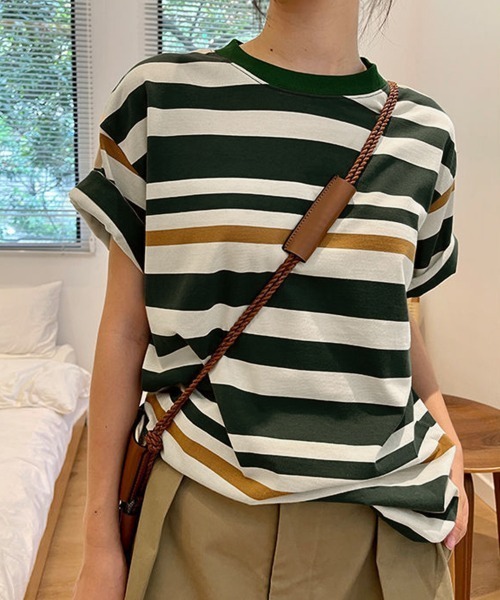 Miniministore(ミニミニストア)の「ボーダーtシャツ半袖 レディース 韓国風(Tシャツ/カットソー・レディース・ブラウン/グリーン/ピンク/ワインレッド/ダークグリーン/ブラック・FREE)」の3枚目の写真