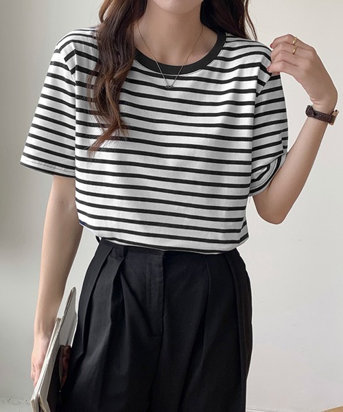 Miniministore(ミニミニストア)の「ボーダーtシャツ半袖 レディース 韓国風(Tシャツ/カットソー・レディース・ブラウン/グリーン/ピンク/ワインレッド/ダークグリーン/ブラック・FREE)」の7枚目の写真