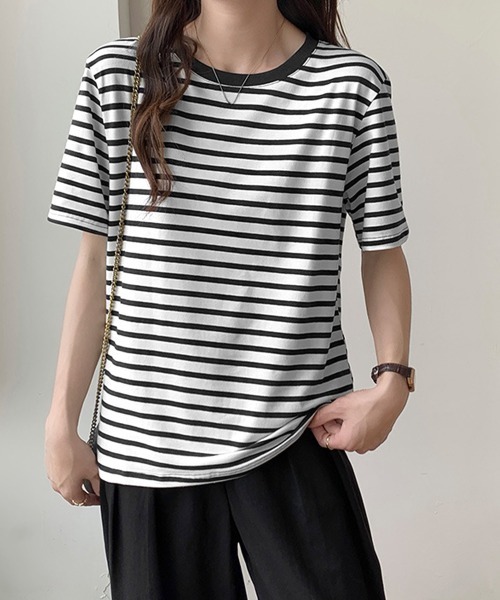 Miniministore(ミニミニストア)の「ボーダーtシャツ半袖 レディース 韓国風(Tシャツ/カットソー・レディース・ブラウン/グリーン/ピンク/ワインレッド/ダークグリーン/ブラック・FREE)」の8枚目の写真