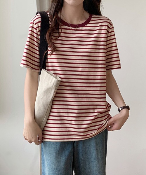 Miniministore(ミニミニストア)の「ボーダーtシャツ半袖 レディース 韓国風(Tシャツ/カットソー・レディース・ブラウン/グリーン/ピンク/ワインレッド/ダークグリーン/ブラック・FREE)」の9枚目の写真