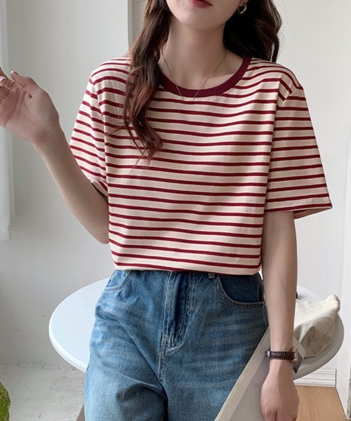 Miniministore(ミニミニストア)の「ボーダーtシャツ半袖 レディース 韓国風(Tシャツ/カットソー・レディース・ブラウン/グリーン/ピンク/ワインレッド/ダークグリーン/ブラック・FREE)」の10枚目の写真