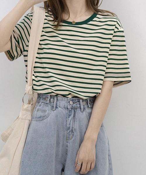 Miniministore(ミニミニストア)の「ボーダーtシャツ半袖 レディース 韓国風(Tシャツ/カットソー・レディース・ブラウン/グリーン/ピンク/ワインレッド/ダークグリーン/ブラック・FREE)」の11枚目の写真
