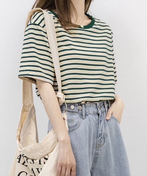 Miniministore(ミニミニストア)の「ボーダーtシャツ半袖 レディース 韓国風(Tシャツ/カットソー・レディース・ブラウン/グリーン/ピンク/ワインレッド/ダークグリーン/ブラック・FREE)」の12枚目の写真