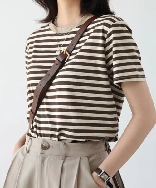 Miniministore(ミニミニストア)の「ボーダーtシャツ半袖 レディース 韓国風(Tシャツ/カットソー・レディース・ブラウン/グリーン/ピンク/ワインレッド/ダークグリーン/ブラック・FREE)」の13枚目の写真