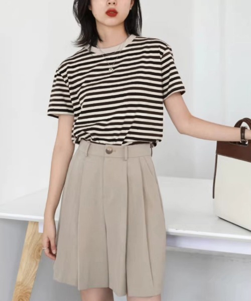 Miniministore(ミニミニストア)の「ボーダーtシャツ半袖 レディース 韓国風(Tシャツ/カットソー・レディース・ブラウン/グリーン/ピンク/ワインレッド/ダークグリーン/ブラック・FREE)」の14枚目の写真