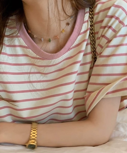 Miniministore(ミニミニストア)の「ボーダーtシャツ半袖 レディース 韓国風(Tシャツ/カットソー・レディース・ブラウン/グリーン/ピンク/ワインレッド/ダークグリーン/ブラック・FREE)」の16枚目の写真
