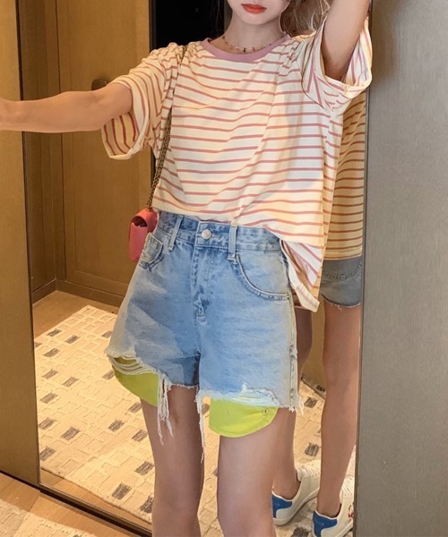Miniministore(ミニミニストア)の「ボーダーtシャツ半袖 レディース 韓国風(Tシャツ/カットソー・レディース・ブラウン/グリーン/ピンク/ワインレッド/ダークグリーン/ブラック・FREE)」の17枚目の写真