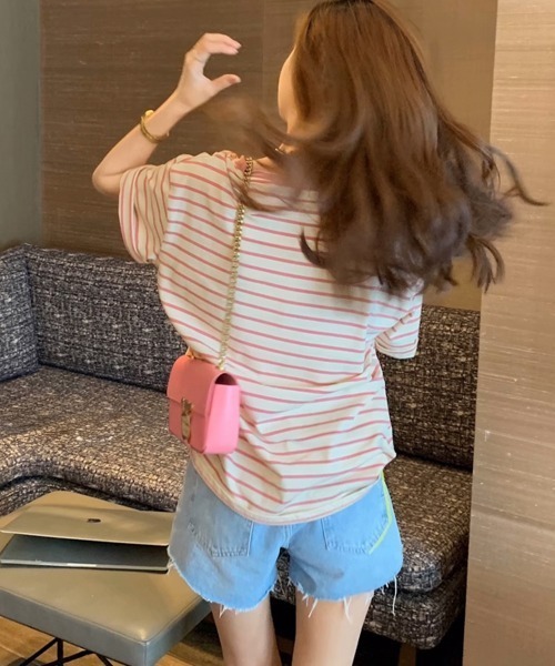 Miniministore(ミニミニストア)の「ボーダーtシャツ半袖 レディース 韓国風(Tシャツ/カットソー・レディース・ブラウン/グリーン/ピンク/ワインレッド/ダークグリーン/ブラック・FREE)」の19枚目の写真