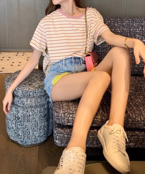 Miniministore(ミニミニストア)の「ボーダーtシャツ半袖 レディース 韓国風(Tシャツ/カットソー・レディース・ブラウン/グリーン/ピンク/ワインレッド/ダークグリーン/ブラック・FREE)」の20枚目の写真