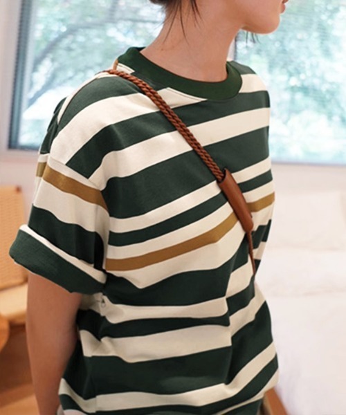Miniministore(ミニミニストア)の「ボーダーtシャツ半袖 レディース 韓国風(Tシャツ/カットソー・レディース・ブラウン/グリーン/ピンク/ワインレッド/ダークグリーン/ブラック・FREE)」の21枚目の写真