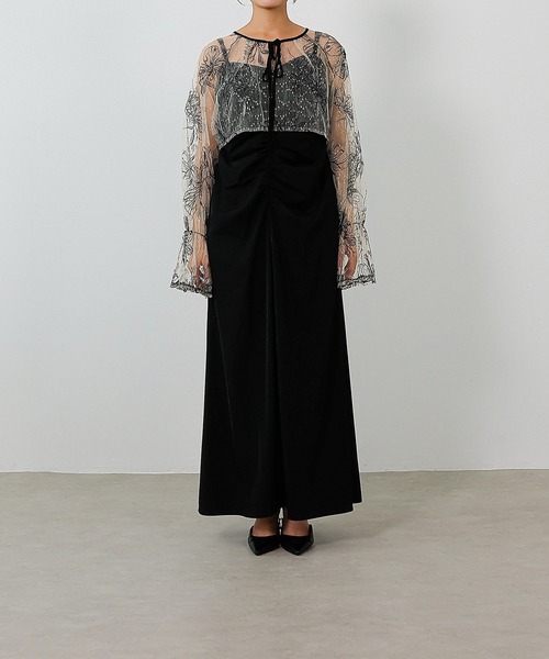 フラワー レース ボレロ ギャザー ワンピース オケージョンドレス 2点