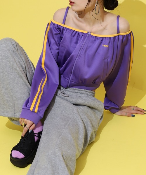 ノルディ NERDY W'S OFF SHOULDER NY TRACK TOP （PURPLE）　オフショルダーニューヨークトラックトップ（パープル セール】オフショルダーニューヨークトラックトップ（ジャージ