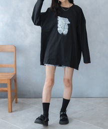 前プリントビックシルエットロングTシャツ カットソー