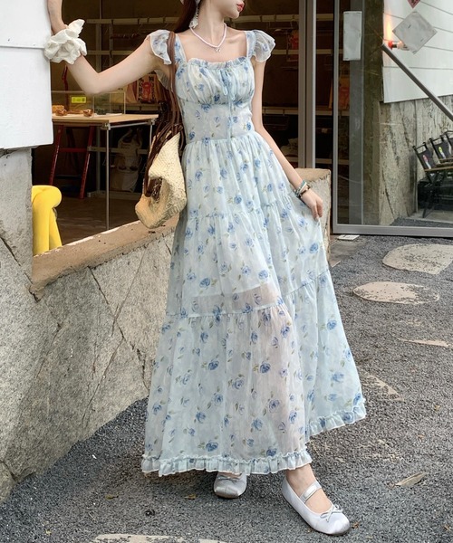 DAY CLOSET(デイ クローゼット)の「レディース きれいめシャーリング×フリルバックリボンフレアシアーロングワンピース(ワンピース・レディース・ブラック/ブルー系その他/ホワイト・S/L/XL/M)」の14枚目の写真
