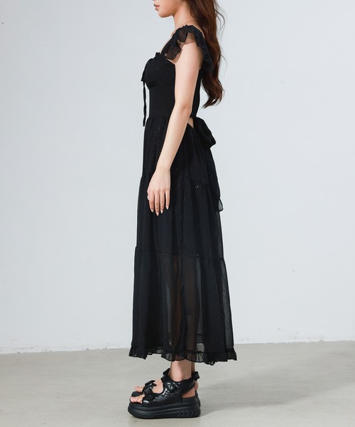 DAY CLOSET(デイ クローゼット)の「レディース きれいめシャーリング×フリルバックリボンフレアシアーロングワンピース(ワンピース・レディース・ブラック/ブルー系その他/ホワイト・S/L/XL/M)」の21枚目の写真