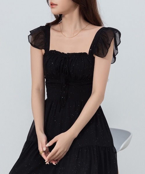 DAY CLOSET(デイ クローゼット)の「レディース きれいめシャーリング×フリルバックリボンフレアシアーロングワンピース(ワンピース・レディース・ブラック/ブルー系その他/ホワイト・S/L/XL/M)」の7枚目の写真