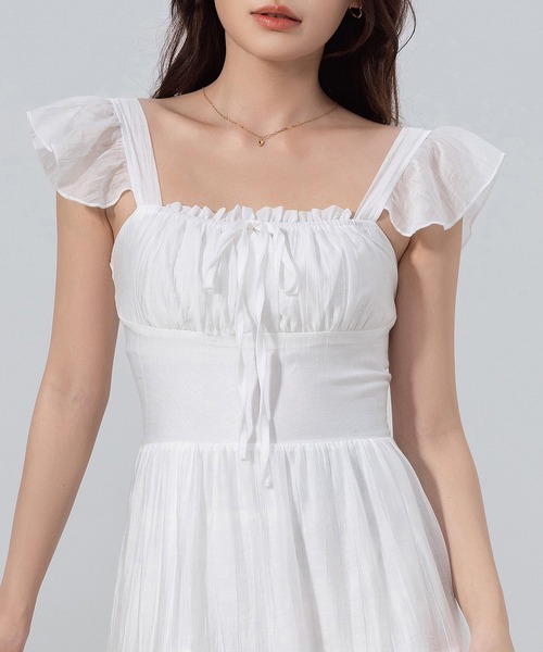 DAY CLOSET(デイ クローゼット)の「レディース きれいめシャーリング×フリルバックリボンフレアシアーロングワンピース(ワンピース・レディース・ブラック/ブルー系その他/ホワイト・S/L/XL/M)」の8枚目の写真