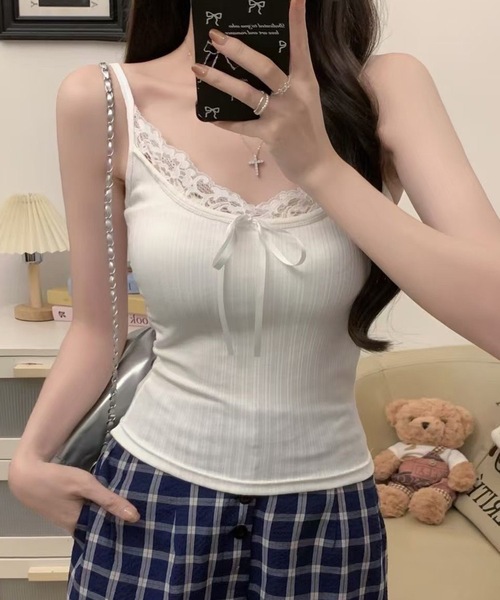 Lace Ladies(レースレディース)の「レース レイヤード リボン カップ付き キャミソール(キャミソール・レディース・ブルー/ブラック/ホワイト・FREE)」の1枚目の写真