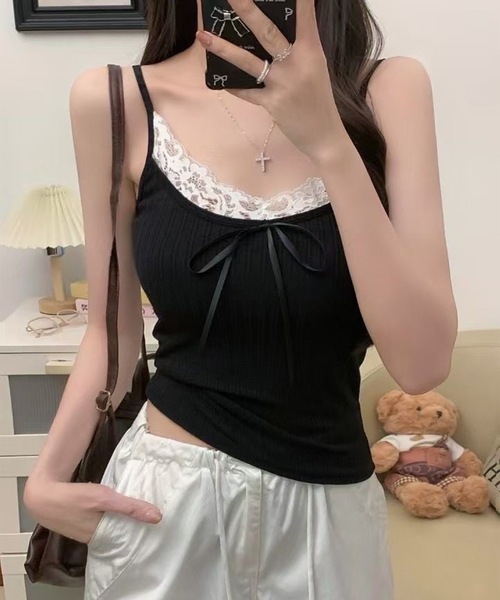 Lace Ladies(レースレディース)の「レース レイヤード リボン カップ付き キャミソール(キャミソール・レディース・ブルー/ブラック/ホワイト・FREE)」の19枚目の写真