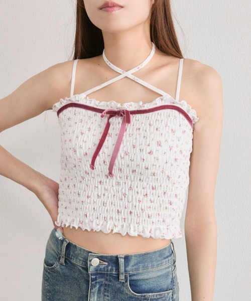 OLIVE des OLIVE（オリーブデオリーブ）の「ベロアリボンシャーリングキャミ（キャミソール・レディース・ブラウン/オフホワイト/その他・FREE）」の4枚目の写真