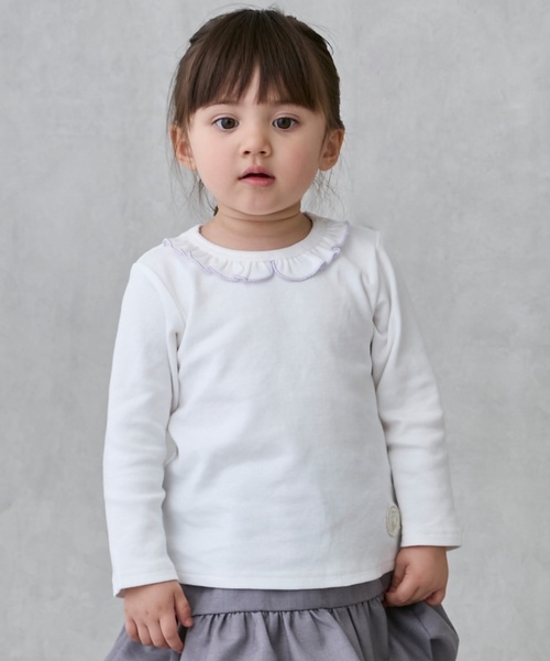 petit main(プティマイン)の「【オーガニック】フリル衿長袖Tシャツ(Tシャツ/カットソー・キッズ・キナリ/ライトピンク/オフホワイト/チャコール/ブルーグリーン・100cm/90cm/80cm/120cm/130cm/110cm)」の1枚目の写真