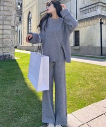ニットセットアップ レディース 秋冬 2点セット トップス ワイドパンツ ゆったり