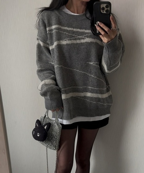 nissen（ニッセン）の「配色ジャガードオーバーサイズニット（ニット/セーター・レディース・ネイビー系1/グリーン系2/ブラック系3/オレンジ系1/オレンジ系2/ベージュ系3/ブラウン系1/グレー系3・S～Ｍ/L～LL）」の3枚目の写真