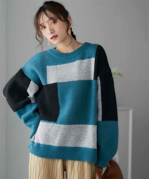 nissen（ニッセン）の「配色ジャガードオーバーサイズニット（ニット/セーター・レディース・ネイビー系1/グリーン系2/ブラック系3/オレンジ系1/オレンジ系2/ベージュ系3/ブラウン系1/グレー系3・S～Ｍ/L～LL）」の6枚目の写真