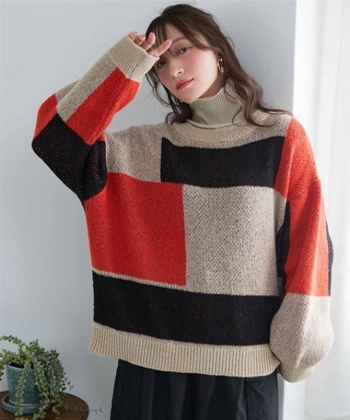 nissen（ニッセン）の「配色ジャガードオーバーサイズニット（ニット/セーター・レディース・ネイビー系1/グリーン系2/ブラック系3/オレンジ系1/オレンジ系2/ベージュ系3/ブラウン系1/グレー系3・S～Ｍ/L～LL）」の8枚目の写真