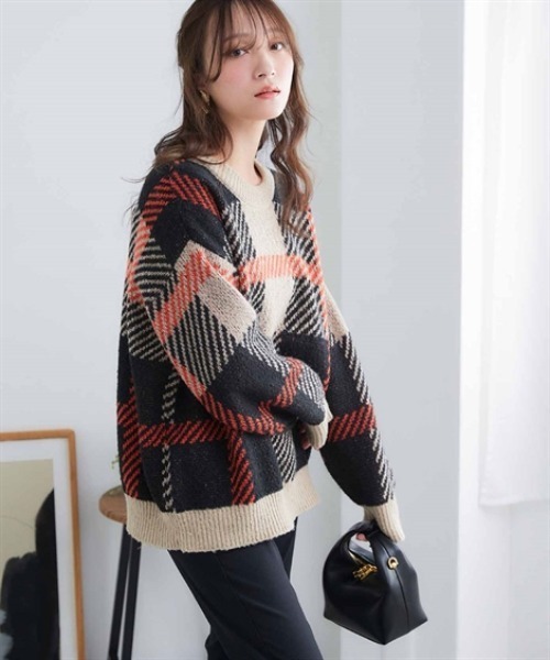 nissen（ニッセン）の「配色ジャガードオーバーサイズニット（ニット/セーター・レディース・ネイビー系1/グリーン系2/ブラック系3/オレンジ系1/オレンジ系2/ベージュ系3/ブラウン系1/グレー系3・S～Ｍ/L～LL）」の10枚目の写真