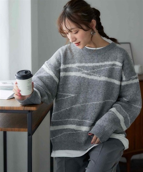 nissen（ニッセン）の「配色ジャガードオーバーサイズニット（ニット/セーター・レディース・ネイビー系1/グリーン系2/ブラック系3/オレンジ系1/オレンジ系2/ベージュ系3/ブラウン系1/グレー系3・S～Ｍ/L～LL）」の14枚目の写真