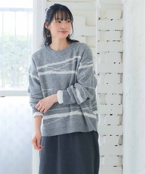 nissen（ニッセン）の「配色ジャガードオーバーサイズニット（ニット/セーター・レディース・ネイビー系1/グリーン系2/ブラック系3/オレンジ系1/オレンジ系2/ベージュ系3/ブラウン系1/グレー系3・S～Ｍ/L～LL）」の16枚目の写真