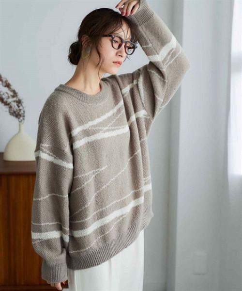 nissen（ニッセン）の「配色ジャガードオーバーサイズニット（ニット/セーター・レディース・ネイビー系1/グリーン系2/ブラック系3/オレンジ系1/オレンジ系2/ベージュ系3/ブラウン系1/グレー系3・S～Ｍ/L～LL）」の21枚目の写真