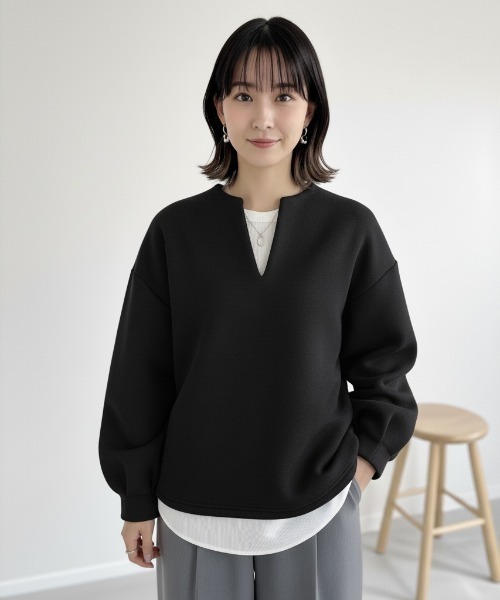 セール】レディース V ネックダンボールトップス ぽわん袖プルオーバー