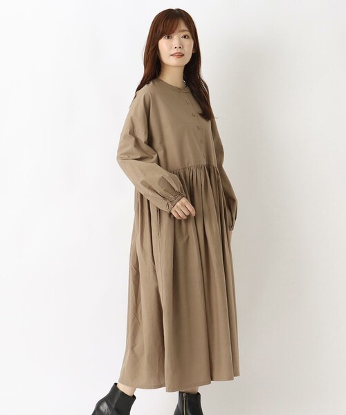 セール】ポプリン ウエスト切替長袖ギャザーワンピース（ワンピース