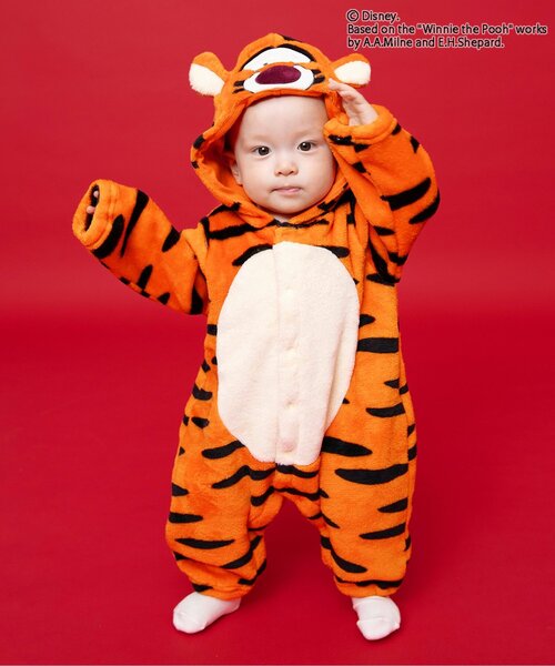 baramon　くまさん帽子とオーバーオール　ピンクとオレンジ二着セット ディズニーキャラクター くまのプーさん/カバーオール（ロンパース