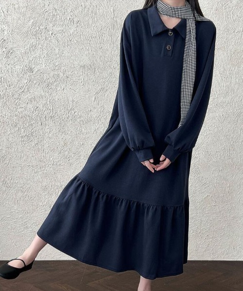 semplice(センプリチェ)の「フリルヘムポロワンピース(ワンピース・レディース・ブラック/ネイビー・L/M)」の1枚目の写真