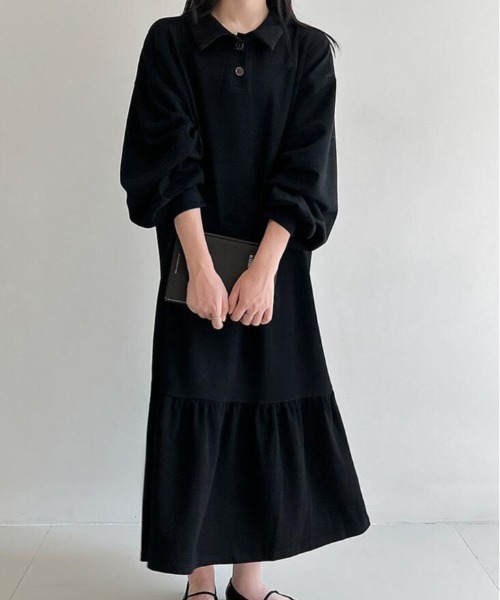 semplice(センプリチェ)の「フリルヘムポロワンピース(ワンピース・レディース・ブラック/ネイビー・L/M)」の2枚目の写真