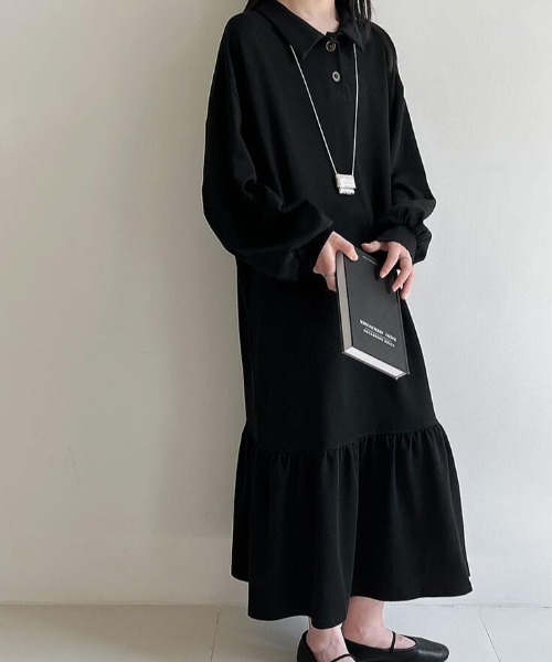 semplice(センプリチェ)の「フリルヘムポロワンピース(ワンピース・レディース・ブラック/ネイビー・L/M)」の3枚目の写真