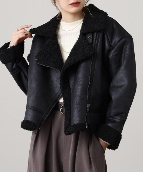 セール】ボア切り替え フェイクレザージャケット（ライダース