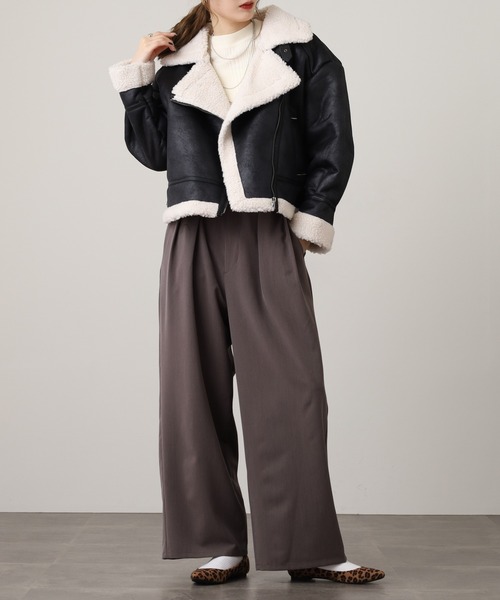 ボア切り替え フェイクレザージャケット（ライダースジャケット