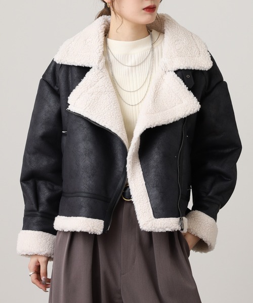 セール】ボア切り替え フェイクレザージャケット（ライダース