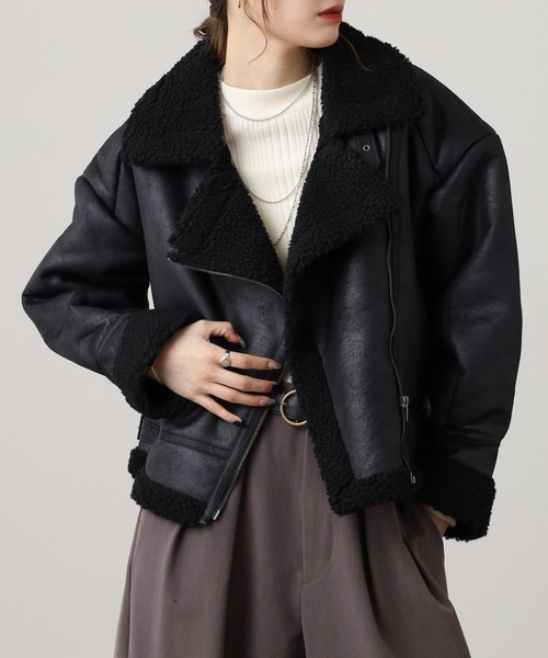セール】ボア切り替え フェイクレザージャケット（ライダース